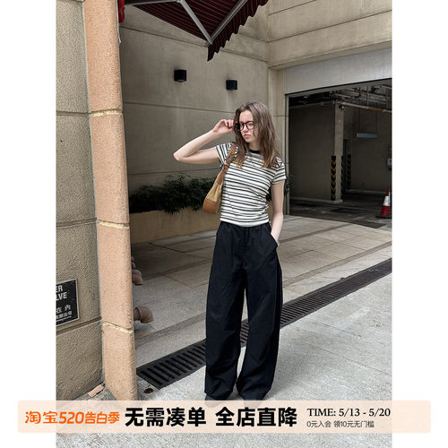 UNRETRO复古条纹修身正肩短袖T恤