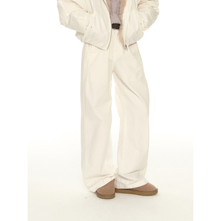 百搭垂感阔腿休闲长裤 女秋冬新款 白色纯棉直筒拖地牛仔裤 UNRETRO