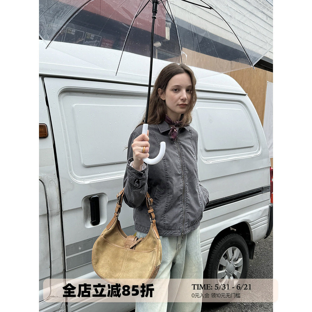 UNRETRO 重磅酵素水洗纯棉复古夹克外套女春秋小个子修身工装上衣