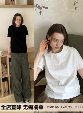 UNRETRO  250G爽滑棉美式基础款纯色短袖T恤男女圆领白色打底上衣