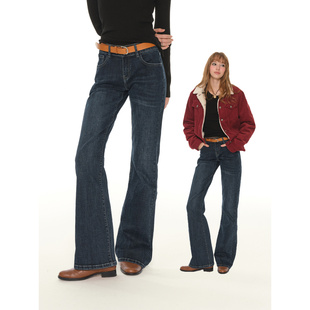 高街复古显瘦喇叭裤 UNRETRO 美式 女秋冬季 水洗做旧紧身窄腿牛仔裤