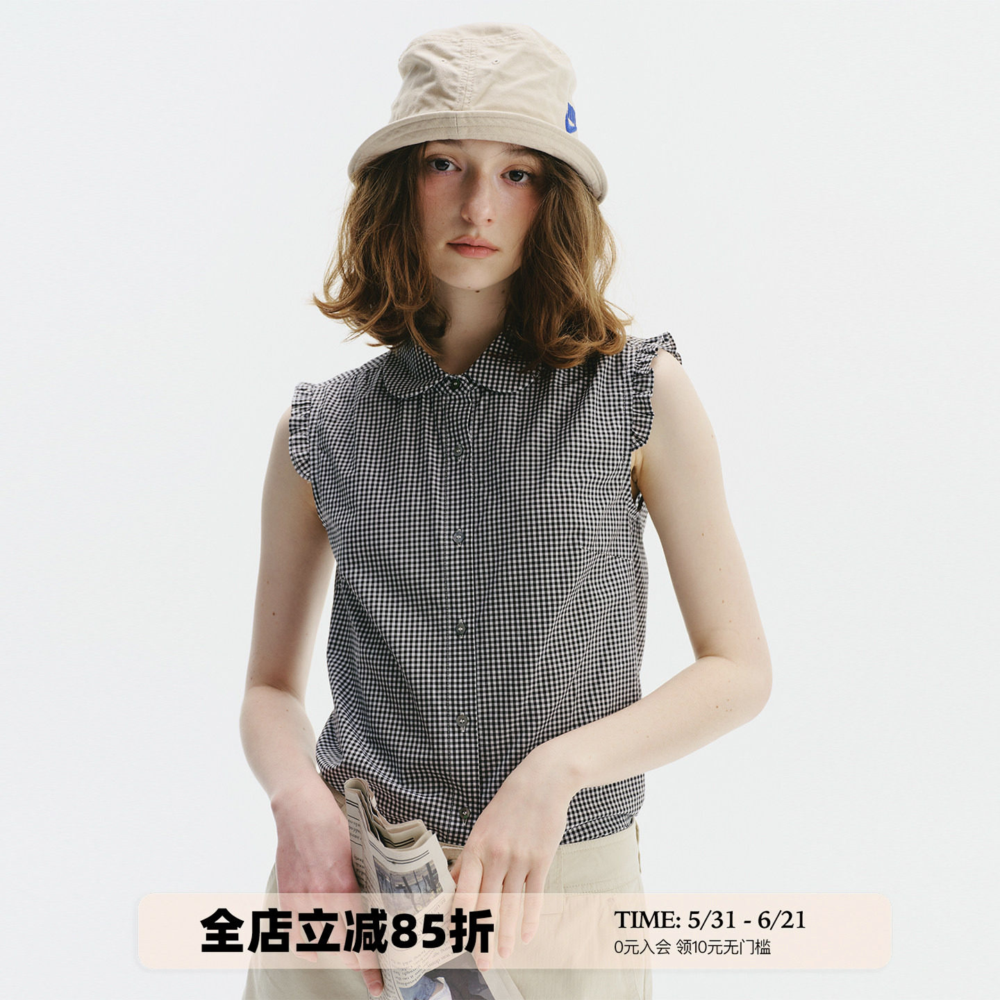 UNRETRO 复古娃娃领小飞袖格纹无袖衬衫女夏日短款修身纯棉上衣