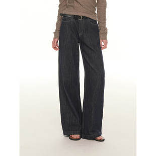 女低腰百搭拖地裤 UNRETRO 宽松显瘦深色微喇牛仔裤 复古冬季 美式