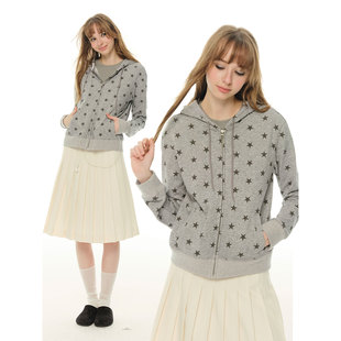 UNRETRO 复古灰色星星印花连帽卫衣女春长袖 显瘦拉链开衫 外套 美式