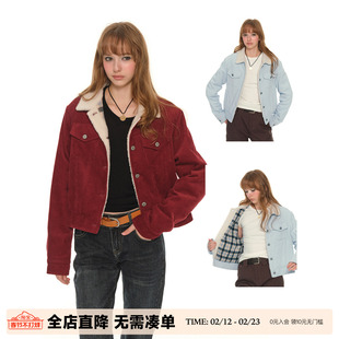 UNRETRO 复古灯芯绒翻领短款工装外套女冬季新款加厚保暖夹克上衣