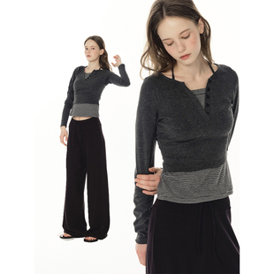 上衣内搭 长袖 UNRETRO 亨利领假两件条纹T恤女秋冬收腰显瘦打底衫