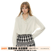 宽松长袖 UNRETRO 纯棉衬衣 女春季 法式 拉夫美学 白色荷叶边V领衬衫