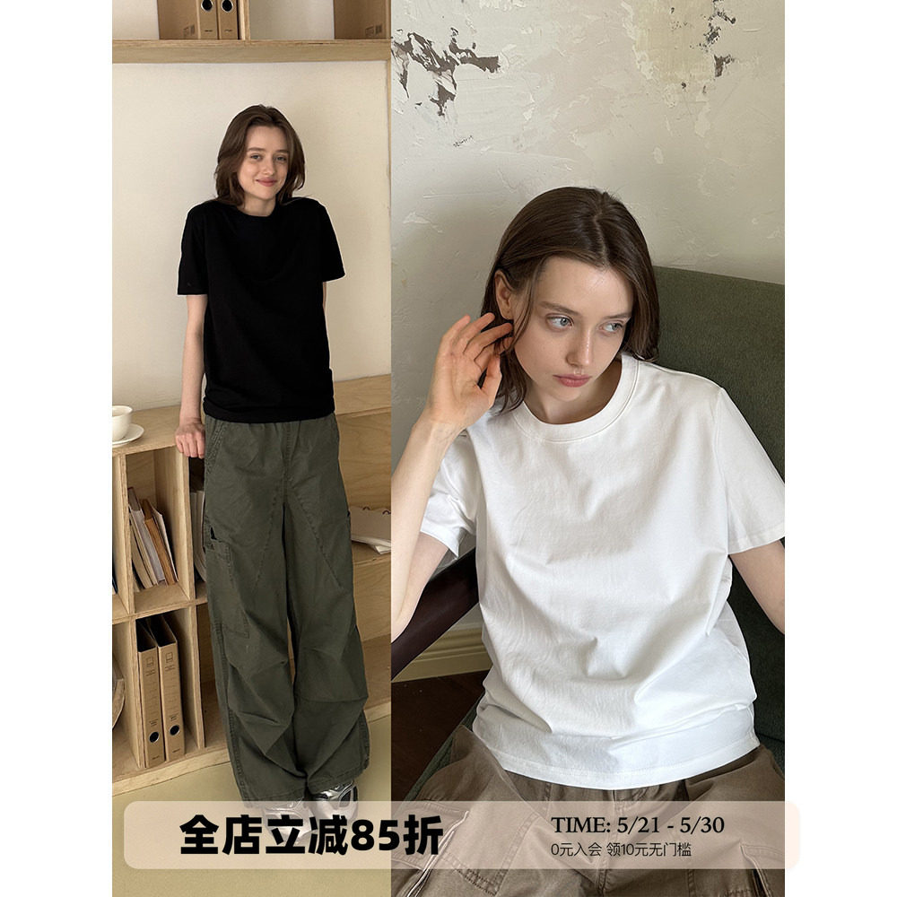 UNRETRO  250G爽滑棉美式基础款纯色短袖T恤男女圆领白色打底上衣