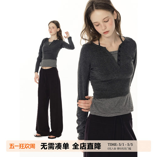 UNRETRO亨利领假两件条纹T恤女