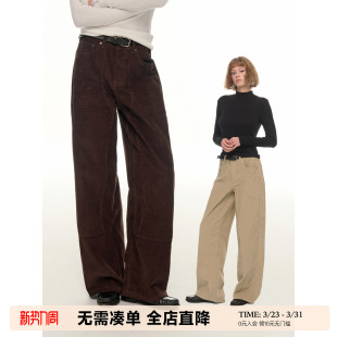 棕色百搭条绒垂感拖地休闲长裤 女冬季 复古灯芯绒直筒长裤 UNRETRO