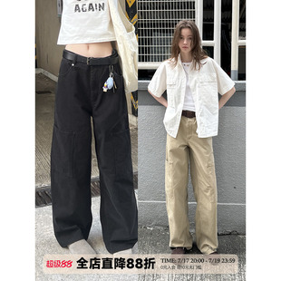 UNRETRO 美式复古卡其色水洗直筒工装裤女高腰显瘦小个子休闲裤子