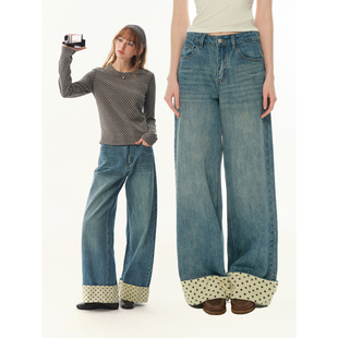 女小个子宽松休闲长裤 复古翻边拼接波点直筒高腰牛仔裤 UNRETRO