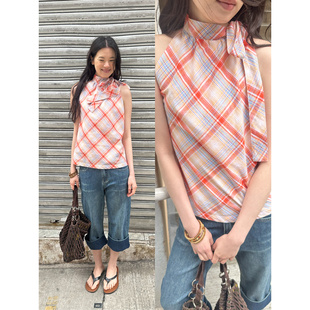 系带蝴蝶结设计 美式 修身 挂脖格纹衬衫 UNRETRO 无袖 女夏 清仓