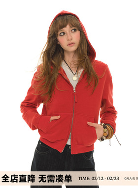 UNRETRO 360G重磅美式复古新年红色短款外套女秋运动长袖拉链卫衣