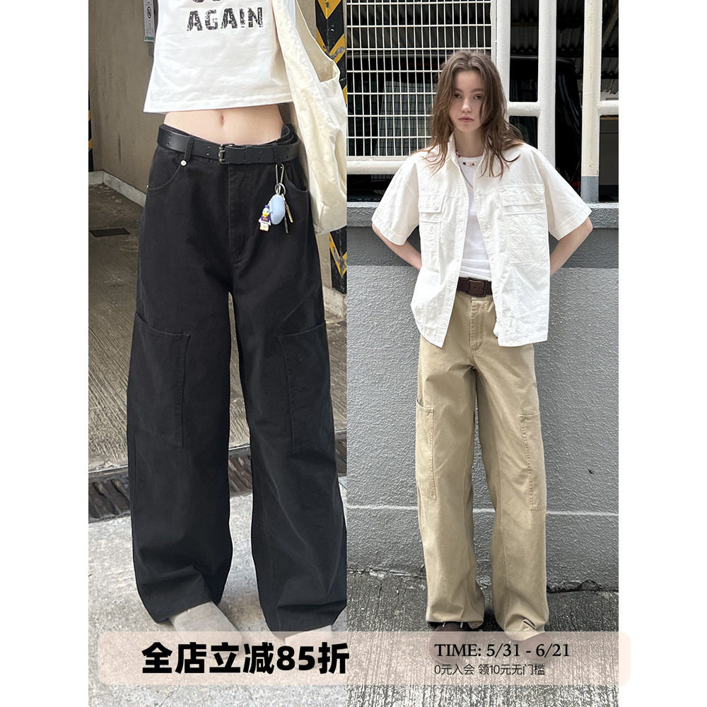 UNRETRO 美式复古卡其色水洗直筒工装裤女高腰显瘦小个子休闲裤子
