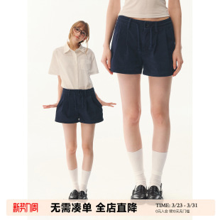 女小个子显瘦辣妹热裤 UNRETRO 中低腰抽绳设计复古宽松阔腿短裤