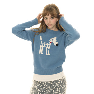 针织衫 毛衣女正肩圆领蓝色长袖 卡通小狗提花秋冬复古短款 UNRETRO
