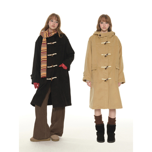 小个子中长款 新款 复古连帽保暖外套 牛角扣毛呢大衣女冬季 UNRETRO