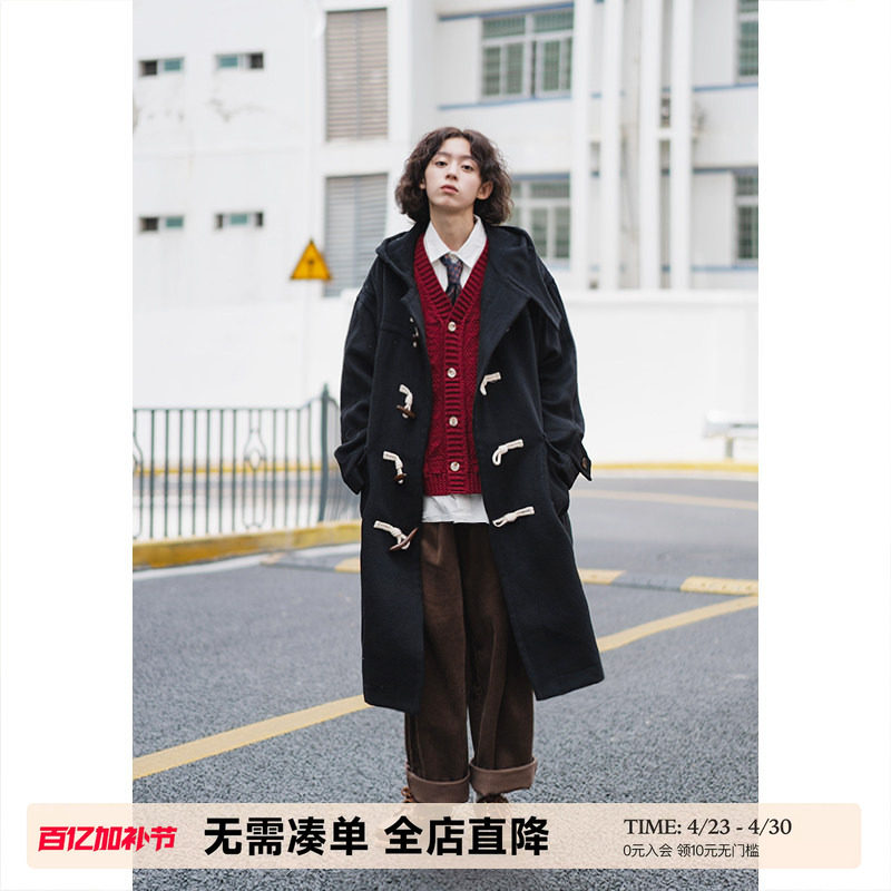 UNRETRO二胖工作室 复古牛角扣大衣女冬季加厚小个子黑色毛呢外套