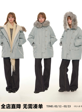 UNRETRO 大毛领羽绒服女冬季新款小个子加厚保暖鸭绒工装上衣外套