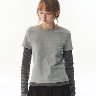 【小敏推荐】复古撞色条纹假两件正肩长袖T恤女修身圆领打底衫