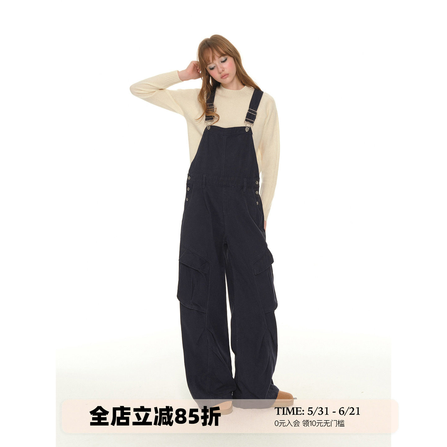 UNRETRO二胖工作室 复古牛仔背带裤女秋冬新款宽松减龄工装连体裤