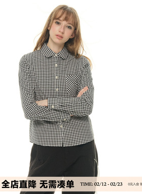 UNRETRO叠穿搭王 polo领黑白格子衬衫女复古长袖内搭衬衣正肩上衣