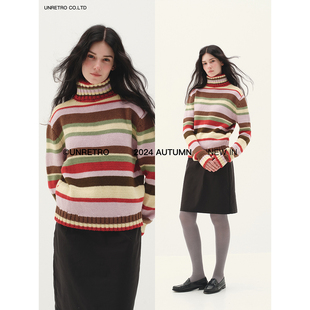 美式 冰岛毛彩色条纹高领毛衣女秋冬季 UNRETRO 针织上衣 清仓