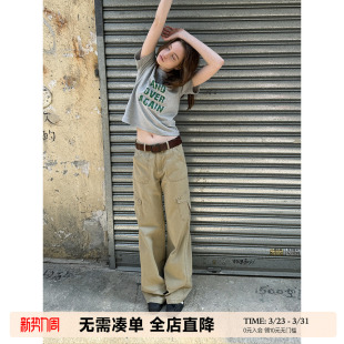 美式 小个子微喇拖地休闲裤 复古卡其色直筒工装 女春秋款 裤 UNRETRO
