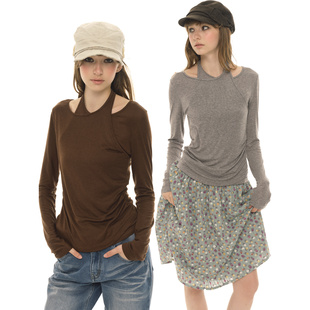 打底衫 UNRETRO T恤女辣妹风修身 假两件挂脖长袖 天丝羊毛混纺美式