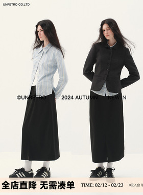 UNRETRO法式黑色开叉修身直筒半身裙女春秋复古小个子a字西装长裙