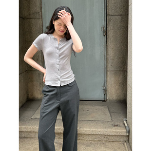 天丝羊毛混纺 辣妹风针织短袖 UNRETRO 美式 显瘦正肩T恤 女夏季 修身