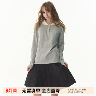 UNRETRO娃娃领撞色半开衫 T恤女甜酷少女合身叠穿打底上衣 正肩长袖