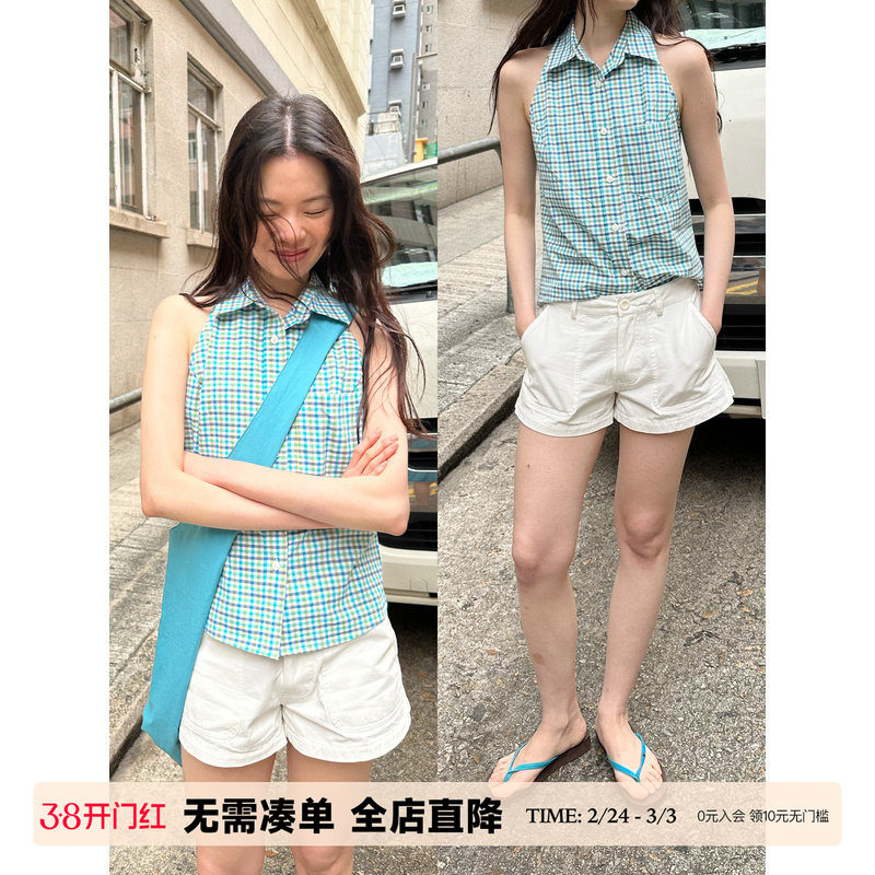 【现货】UNRETRO  美式辣妹风修身显瘦衬衫女小个子露肩无袖上衣