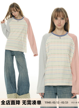 UNRETRO波点少女红蓝撞色圆领拼接T恤女春秋长袖条纹个性宽松上衣