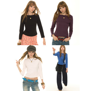 打底衫 UNRETRO 内搭蓝色短款 T恤女纯色修身 260G精梳棉船领九分袖