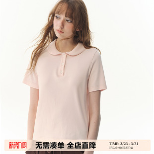复古纯色叠穿短款 T恤女夏季 上衣 甜酷少女娃娃领粉色短袖 UNRETRO