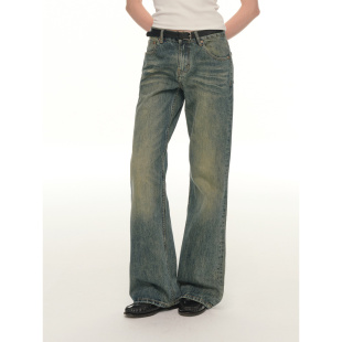 拖地休闲裤 UNRETRO 女显瘦宽松阔腿裤 做旧水洗直筒牛仔裤 子 脏脏裤