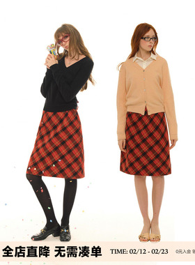 UNRETRO 复古斜裁红格纹毛呢半身裙女秋冬后开叉直筒中长款裙子