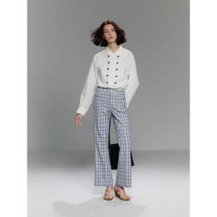 复古高腰直筒蓝色格纹微喇休闲裤 清仓 UNRETRO 阔腿长裤 女修身