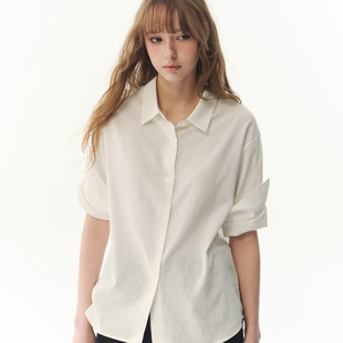 白色长袖 UNRETRO 棉仿麻感卷边袖 设计五分袖 女松弛感休闲衬衣 衬衫