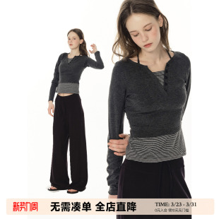 上衣内搭 长袖 UNRETRO 亨利领假两件条纹T恤女秋冬收腰显瘦打底衫
