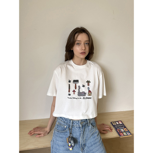 T恤女小个子辣妹风短款 印花高腰露脐短袖 UNRETRO美式 上衣 清仓