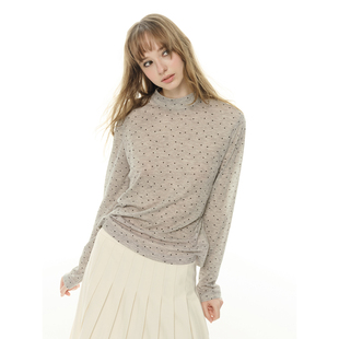 UNRETRO半高领天丝微透波点打底衫 灰色叠穿贴肤内搭T恤 女春秋长袖