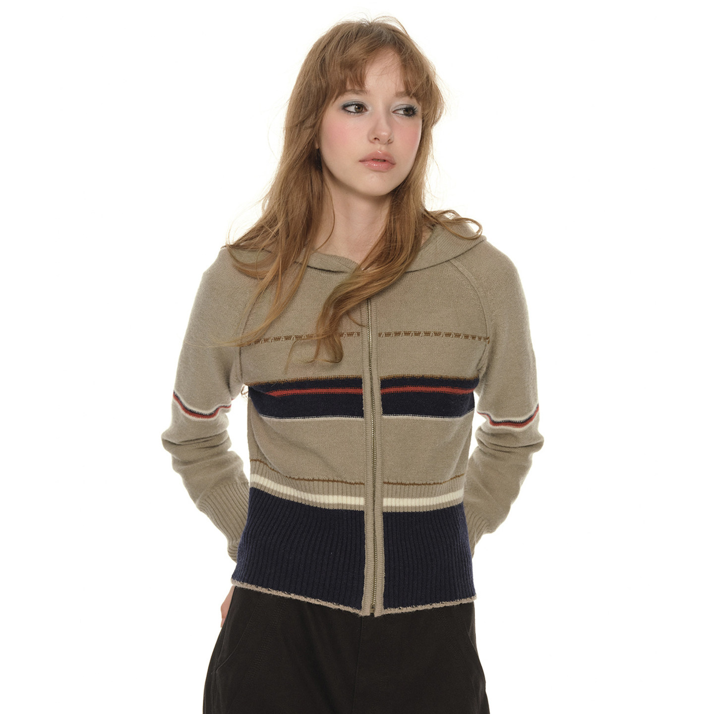 UNRETRO 复古收腰拼色条纹针织开衫女冬季短款连帽插肩袖上衣外套,女装/女士精品,毛衣,淘宝优惠券,粉丝福利购,淘宝优惠卷