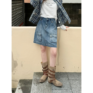 牛仔短裙女秋季 UNRETRO重磅水洗口袋工装 小个子a字半身裙 清仓