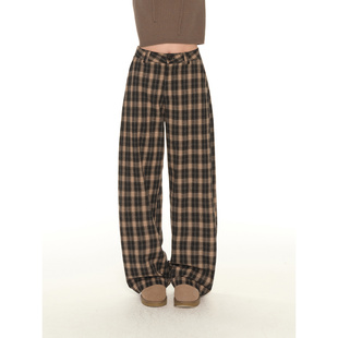女秋冬小个子宽松显瘦休闲弯刀裤 UNRETRO美式 复古全棉格子直筒裤
