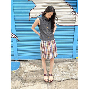 UNRETRO全棉格子直筒半身裙女复古小个子遮肉显瘦A字中裙 清仓