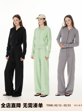 UNRETRO 首发时尚套装 绿色运动拉链卫衣女+抽绳直筒休闲裤两件套