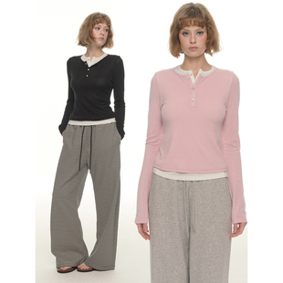 粉色修身 UNRETRO 女长袖 天丝假两件层次针织打底衫 内搭 韩漫身材